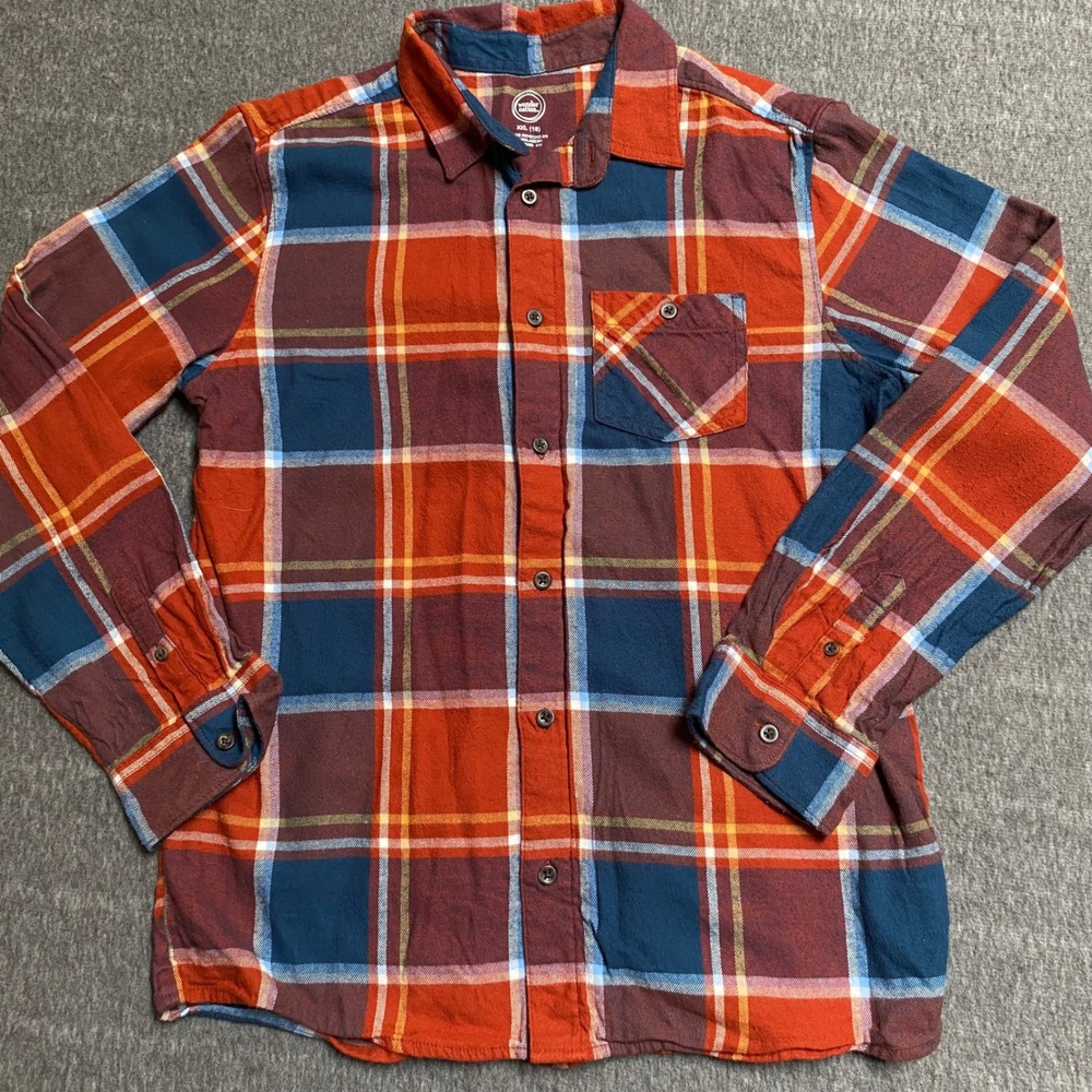 Wonder Nation Boys XXL 18 Plaid Flannel Shirt Orange Navy Blue Long Sleeve Top